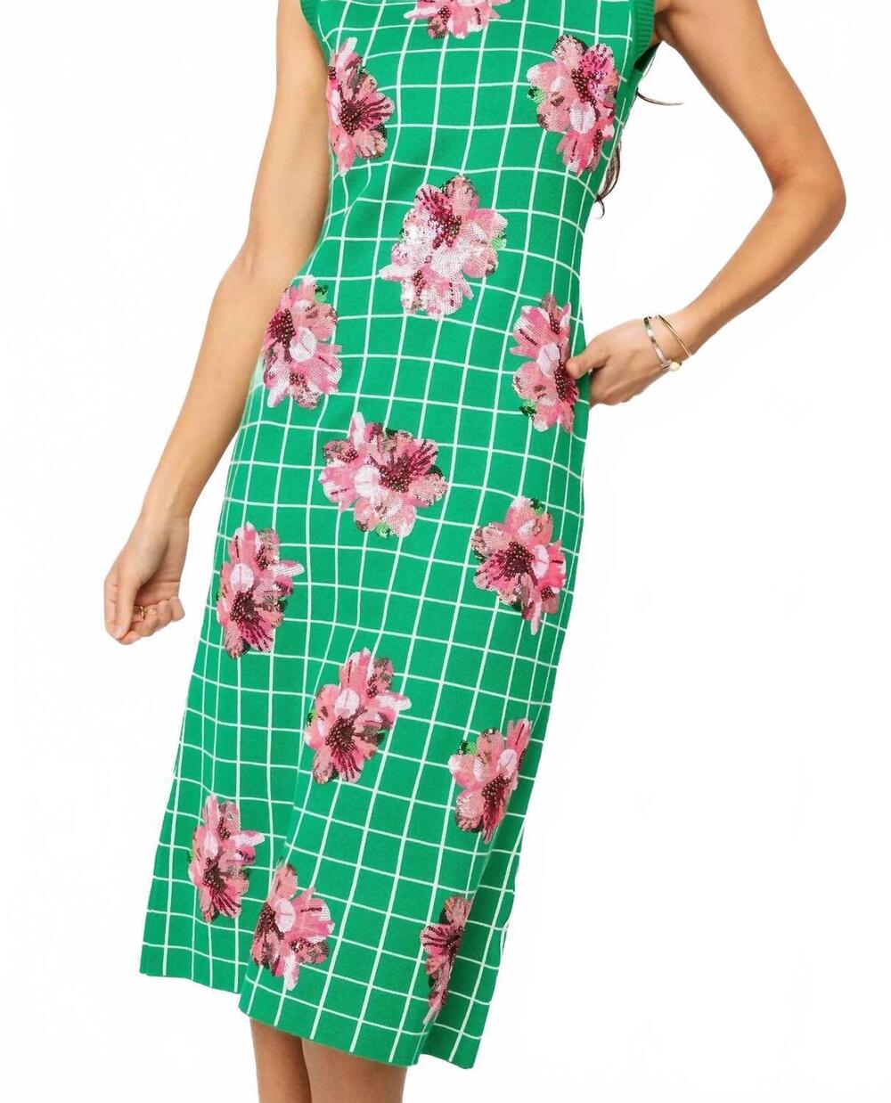 NEW QUEEN OF SPARKLES checkered azela knit midi dress in green/white